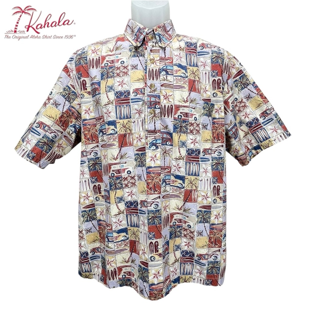 Kahala‎ Men’s Large Vintage Popover 100% Cotton Cars/Surfboard Print Aloha Shirt
